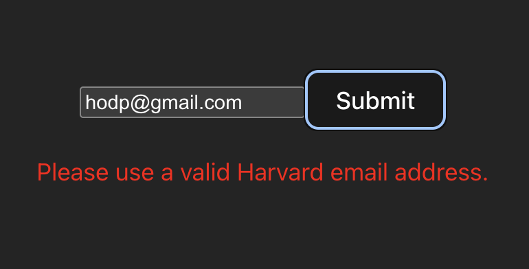 Form showing a validation error for a non-Harvard email