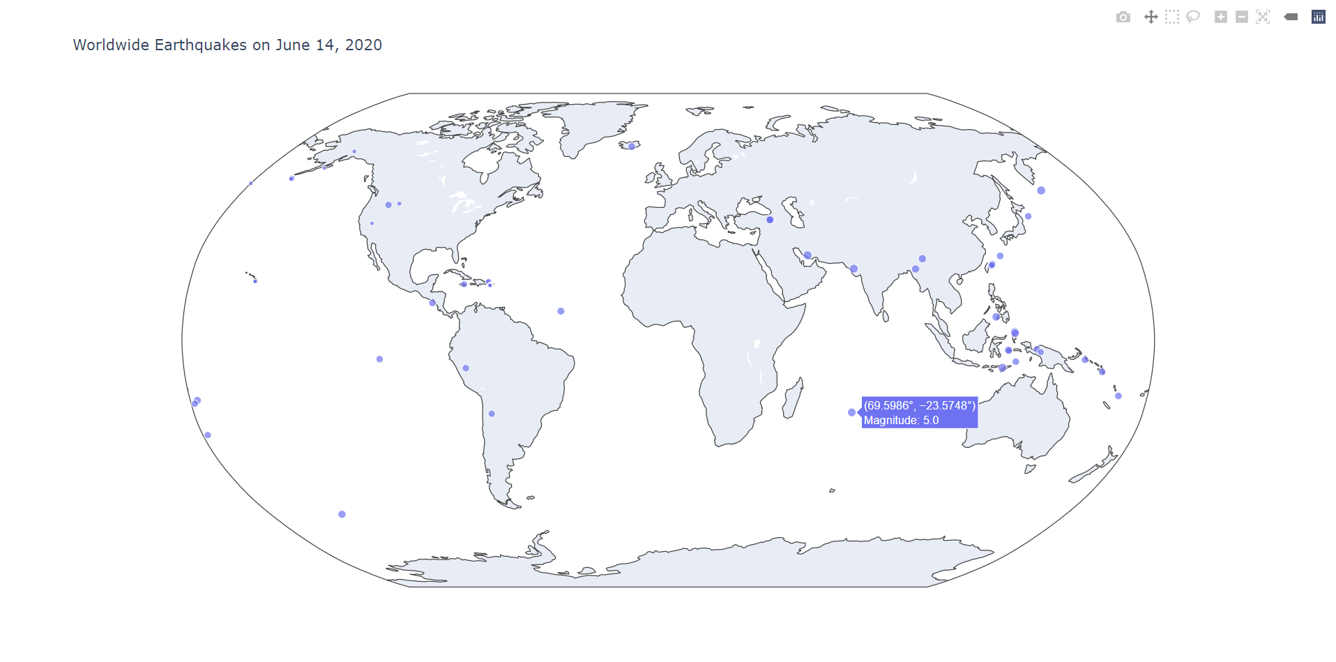 World map depicting earthquakes on June 14, 2020